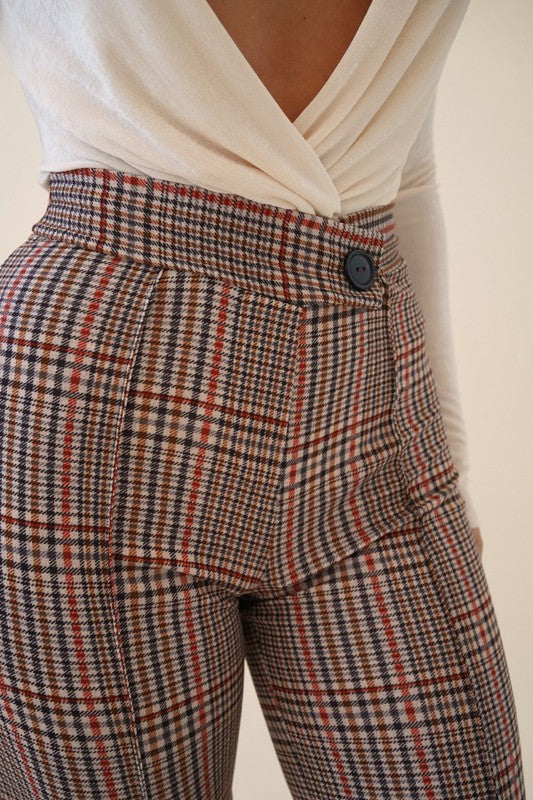 Women's Brown Plaid Pants with Belt