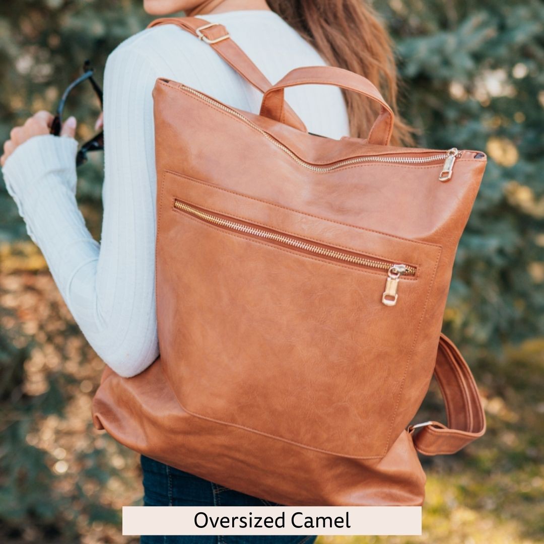 Oversized Camel Reese Trendy Convertible Backpack Shoulder Handbag