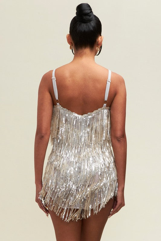 Nude Silver Fringe Sequin Top
