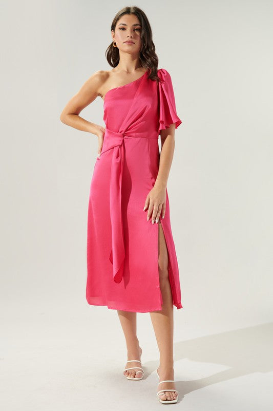 Twisted Front Satin Color Block Midi Dress - Fuchsia/Orange - LUXXE