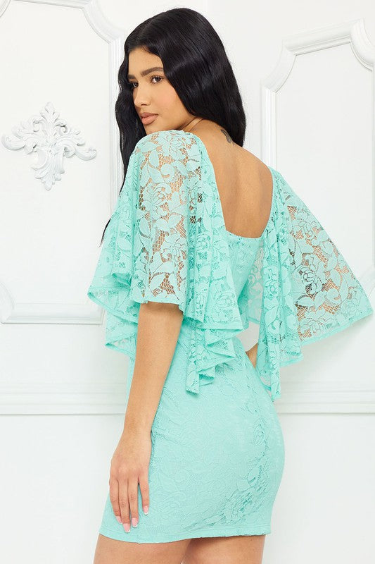 Aqua Lace Cape Sleeve Mini Dress