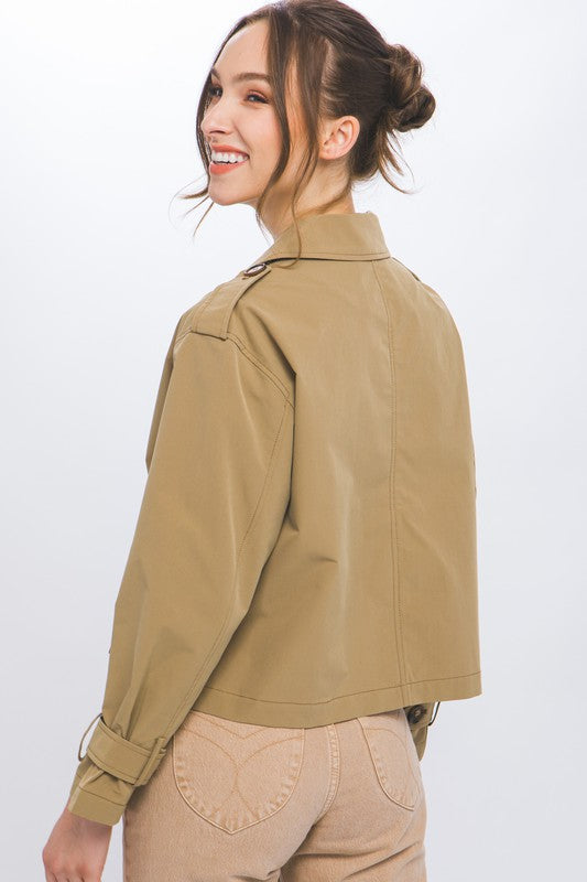 Camel Cropped Trench Jacket with Belt Sleeve Detail