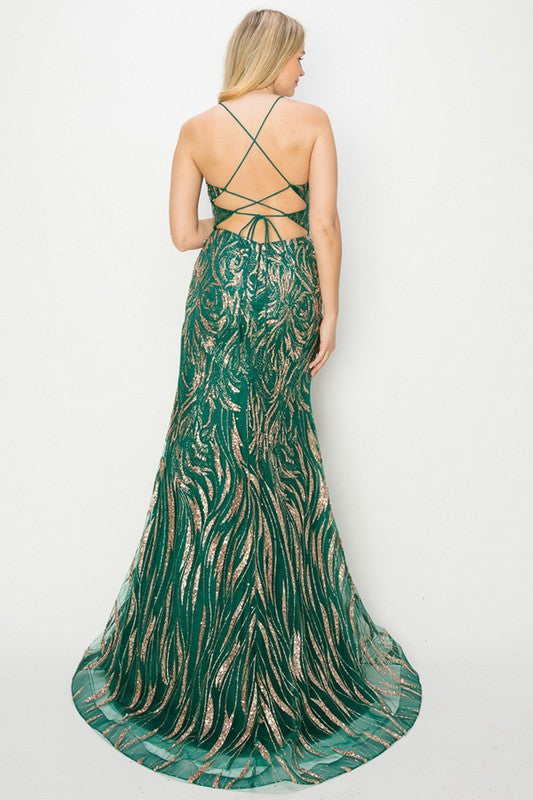 Green Gold Embroidery Glitter Illusion Top Sheath Dress