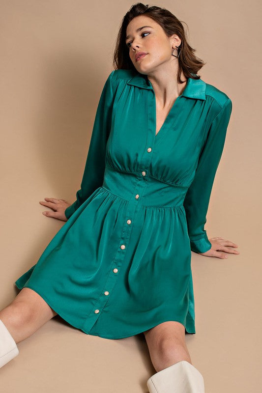 Emerald Silky Shirt Dress