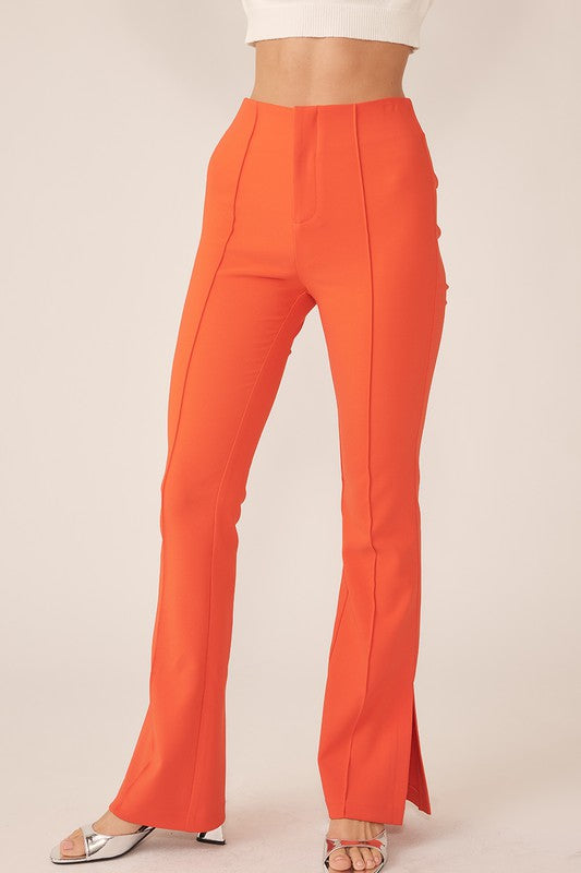 Spicy Orange Center-Leg Seam Detailed Side Slit Flare Pants