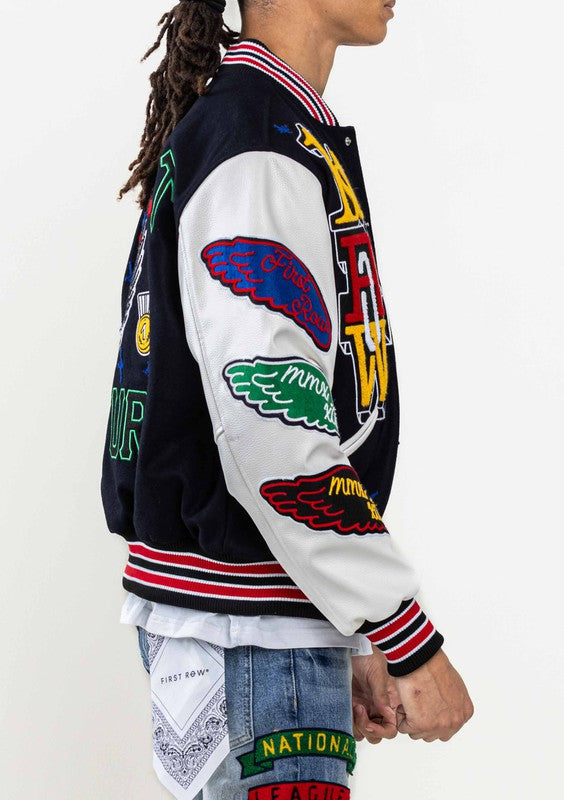 Navy embroidered varsity bomber jacket