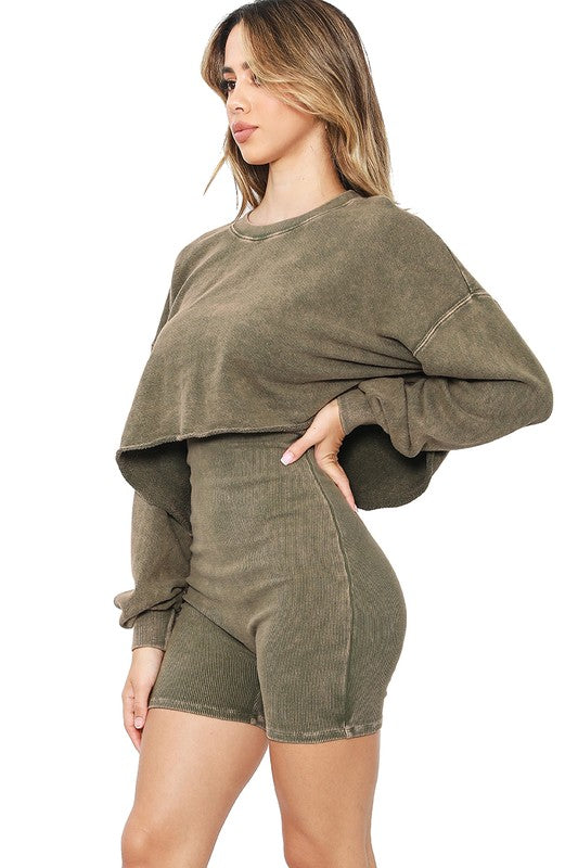 Olive Cotton Ribbed Foldover Off Shoulder Long Sleeve Bodycon Romper –  Aquarius Brand