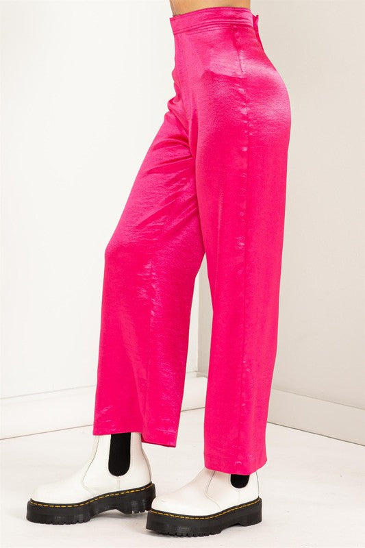 Desire Me | Hot Pink Satin High Waist Wide Leg Trousers