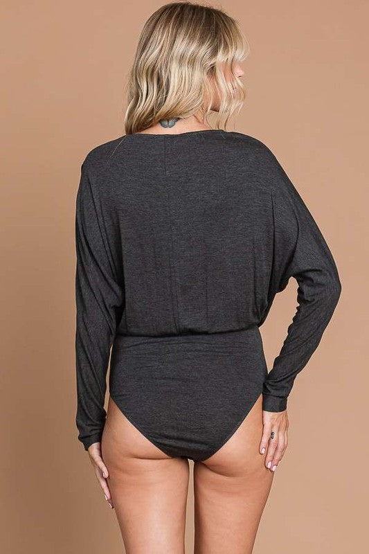 Charcoal Grey V Neck Long Sleeve Bodysuit