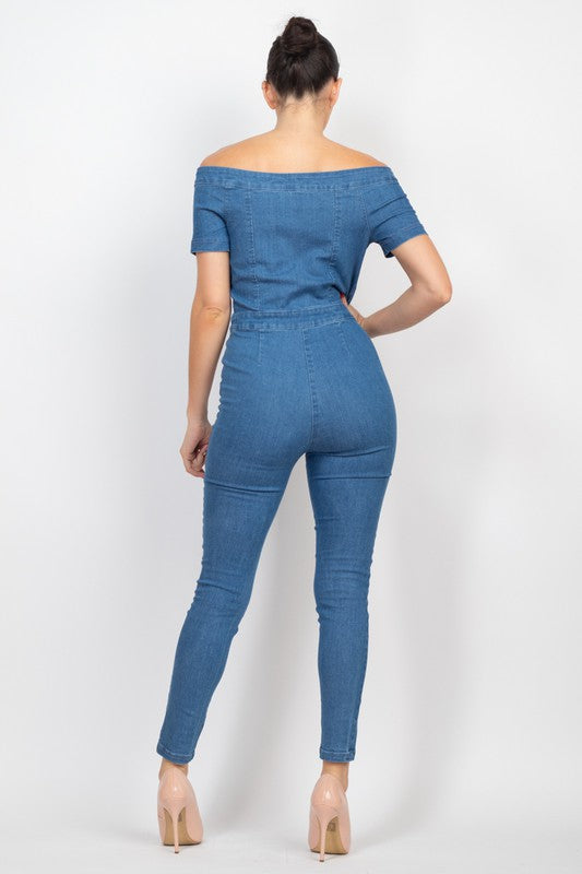 Medium Denim Button-Down Off-Shoulder Denim Jumpsuit – Aquarius Brand