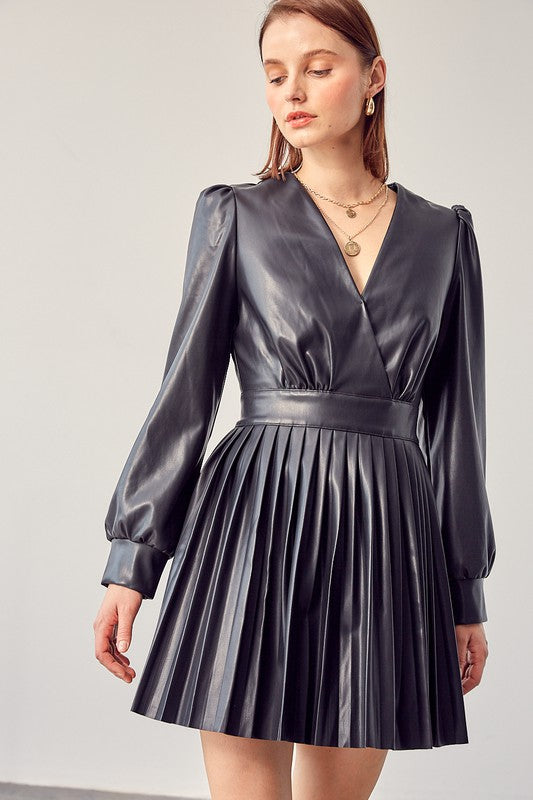 Black Faux Leather Pleated Mini Dress