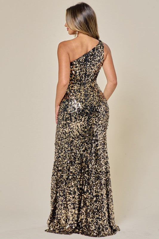 Black and Gold One Shoulder Prom Dress