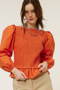 Orange Ruched Peplum Hem Blouse With Puff Sleeves