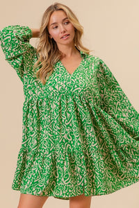 Green/Cream Woven Printed Dress With Side Pocket