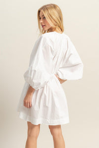 White Dolman Sleeve V Neck Poplin Mini Dress