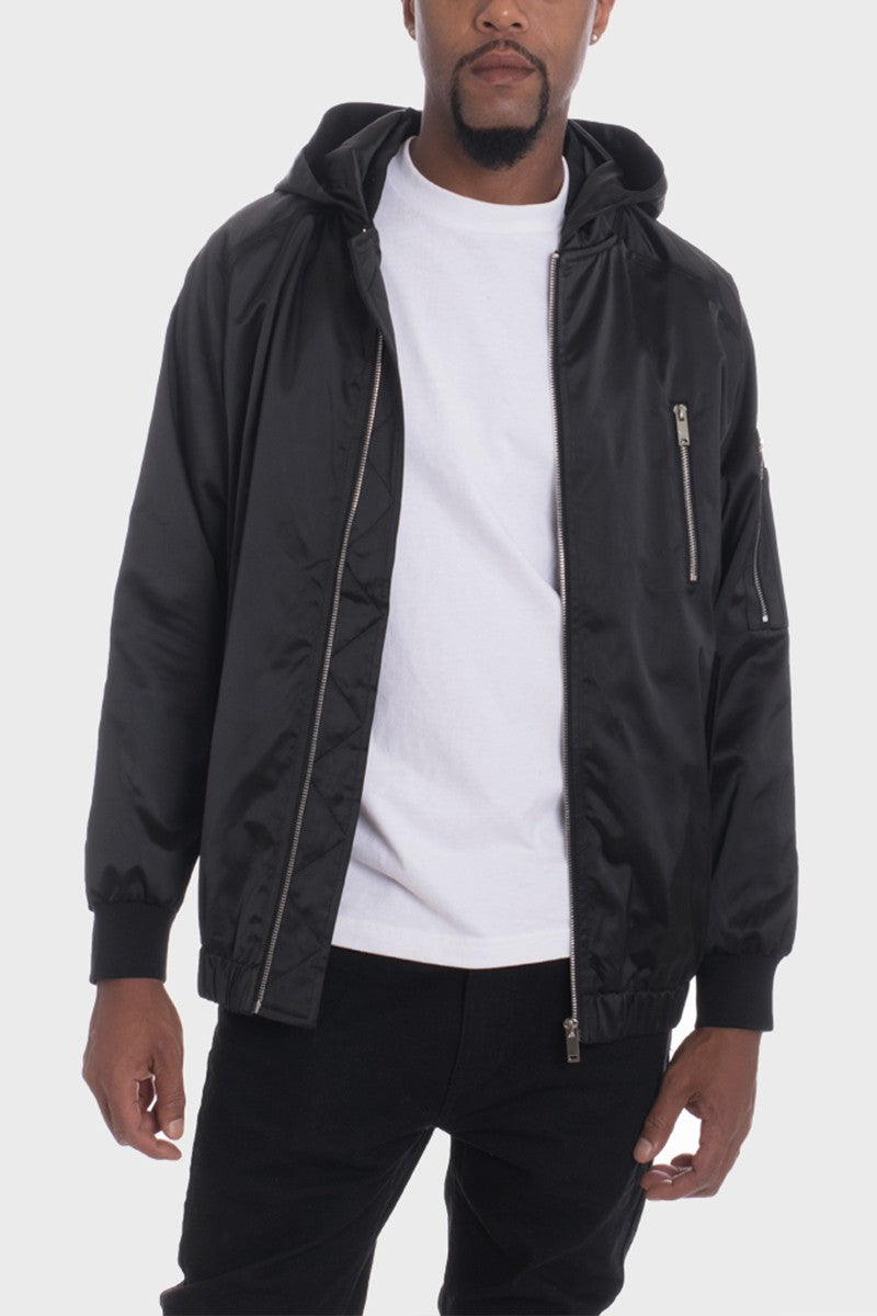 Black Satin Oversized Hooded Utility Bomber Jacket