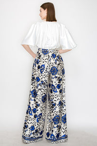 Blue Multi Satin Floral Print High-Waisted Wide Pants