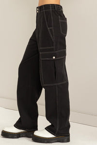 Black Contrast Stitch Twill Cargo Pants