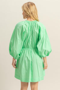 Patina Green Dolman Sleeve V Neck Poplin Mini Dress