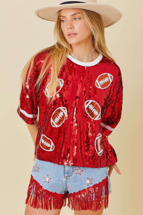 Red Game day Sequin Foot Ball Flocking Crop Top