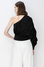 Black Satin One Shoulder Shirring Blouse Top