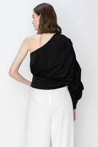 Black Satin One Shoulder Shirring Blouse Top