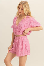 Pink Set-Vneck Crochet Crop Top And Shorts Set