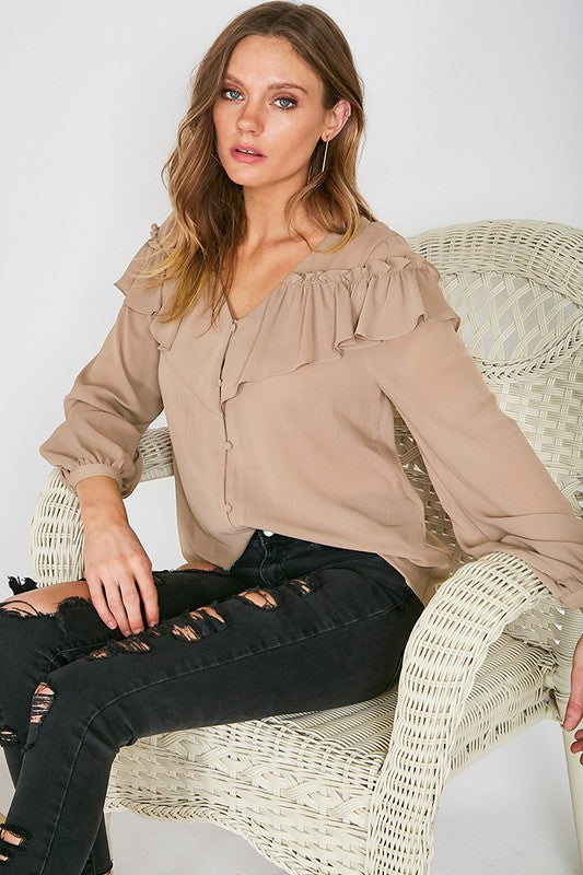 Taupe V Neck Ruffled Shoulder Button Trim Blouse