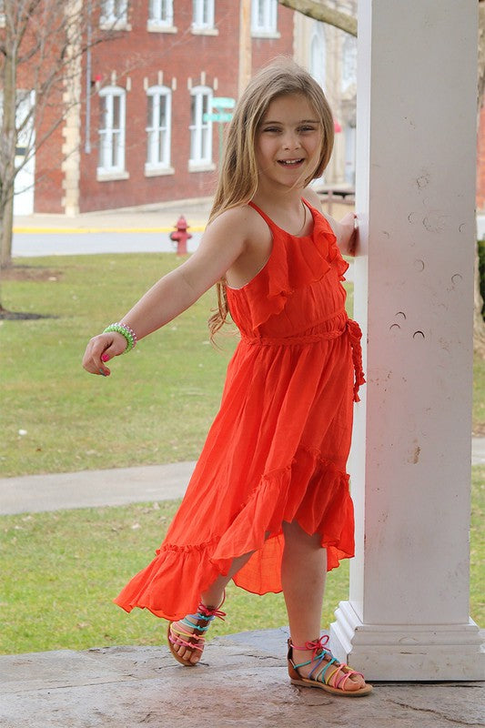 Ferrari Red Beach Beauty Hi-Lo Gauze Cotton Ruffled Dress