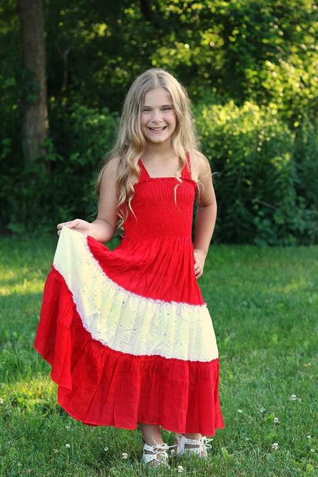 Retro Red Girls Soft Cotton Bold Color Maxi Dress