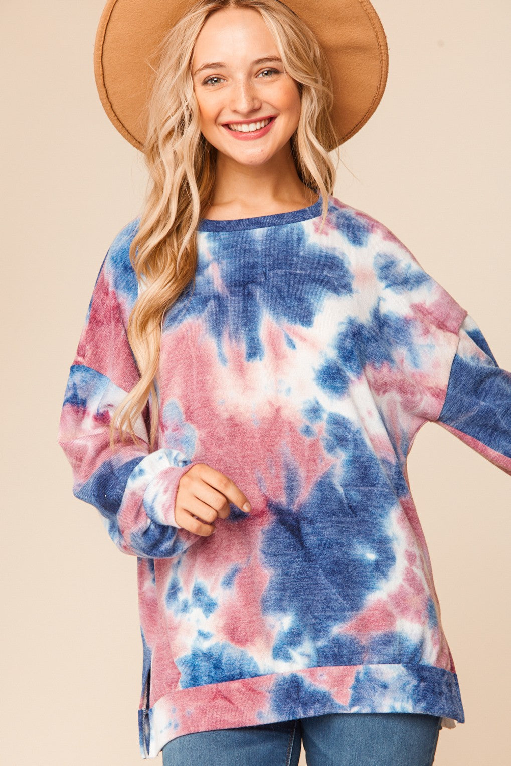 Denim Mauve Plus Tie Dye Sweater Loose Fit Pull Over Knit Top