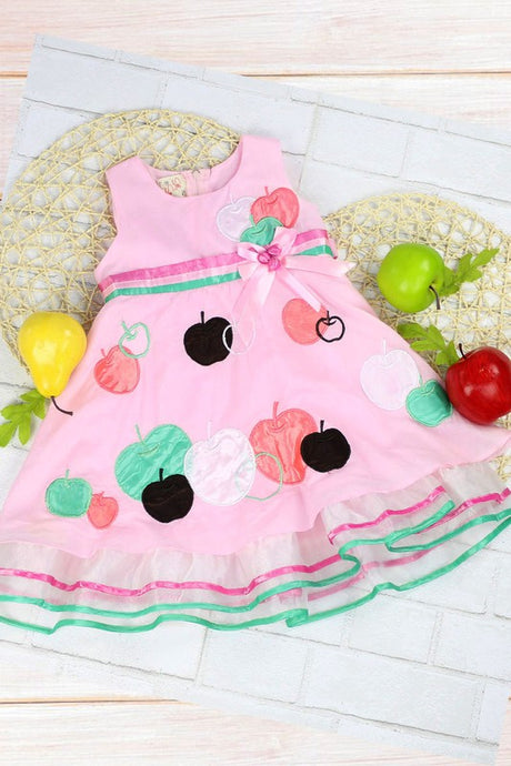 Pink Apple Applique Organza Ruffles Dress