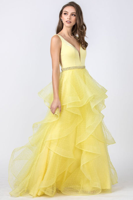 Yellow Chiffon Ruffled Faille Organza Long Dress