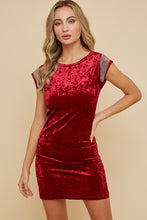 Wine Velvet Mini Dress With Studs Trim On Shoulder