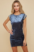 Blue Grey Velvet Mini Dress With Studs Trim On Shoulder