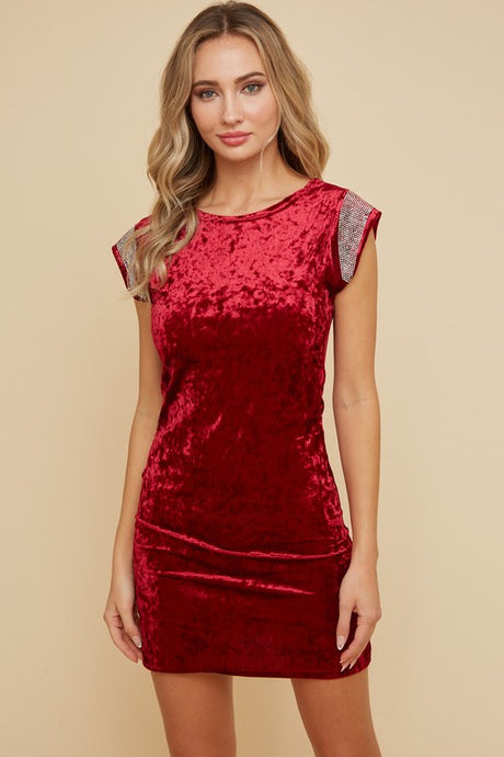 Wine Velvet Mini Dress With Studs Trim On Shoulder