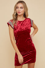 Wine Velvet Mini Dress With Studs Trim On Shoulder