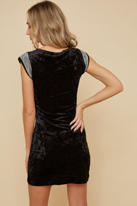 Black Velvet Mini Dress With Studs Trim On Shoulder