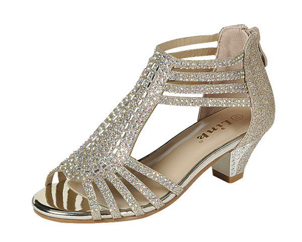 Girl's Strappy Open Toe Rhinestone Glitter Low Heels Sandals(Champagne)