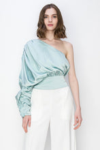 Sage Blush Satin One Shoulder Shirring Blouse Top