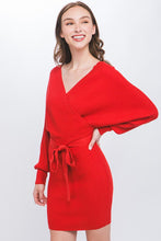 Red Off Shoulder Wrap Belted Ribbed Knit Dress