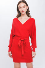 Red Off Shoulder Wrap Belted Ribbed Knit Dress