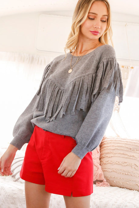 Grey Tassale Detail Sweater Knit Top