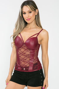 Burgundy Pleather Lace Flower Sexy Top