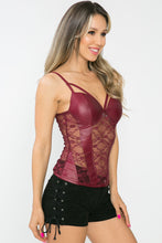 Burgundy Pleather Lace Flower Sexy Top