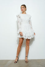 White Lace Ruffled Long Sleeve Tiered Mini Dress