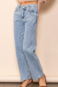 Blue Denim Button Detailed Vintage Washed Straight Leg Jeans