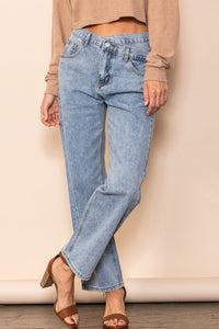 Blue Denim Button Detailed Vintage Washed Straight Leg Jeans