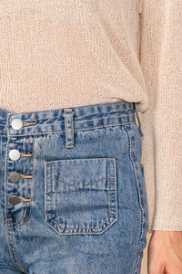 Mid Denim Front Pocket Flared Jeans