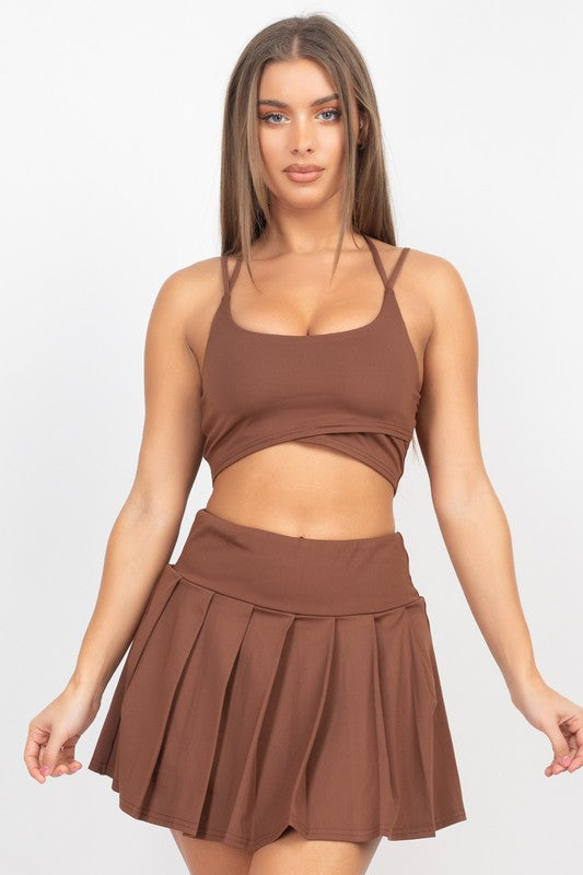 Chocolate Brown Overlapping Crop Top Pleated Tennis Skirts Set